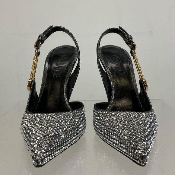 Versace Silver Gold Black Leather Bling Embellished Slingback Pumps 35.5 / US 5 - Picture 2 of 15